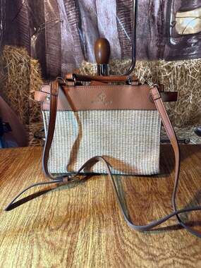 Nanette Lepore Straw and Vegan Leather Mixed Media Crossbody Satchel Bag